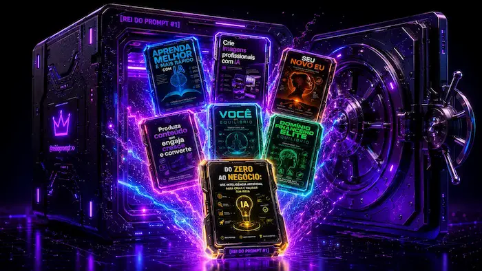 Cofre roxo aberto com cards de prompts de IA